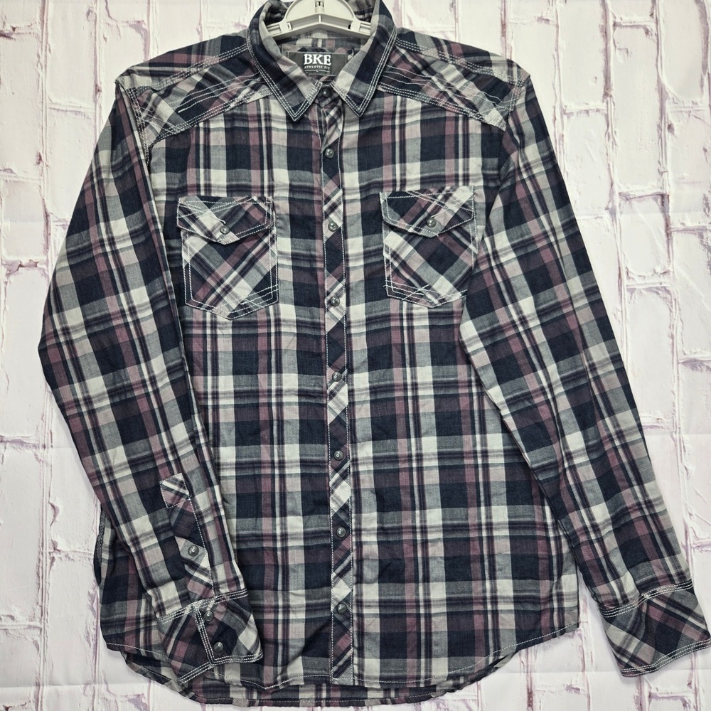BKE Button Down Shirt Purple Plaid Athletic Fit Western Cowboy Workwear Mens L